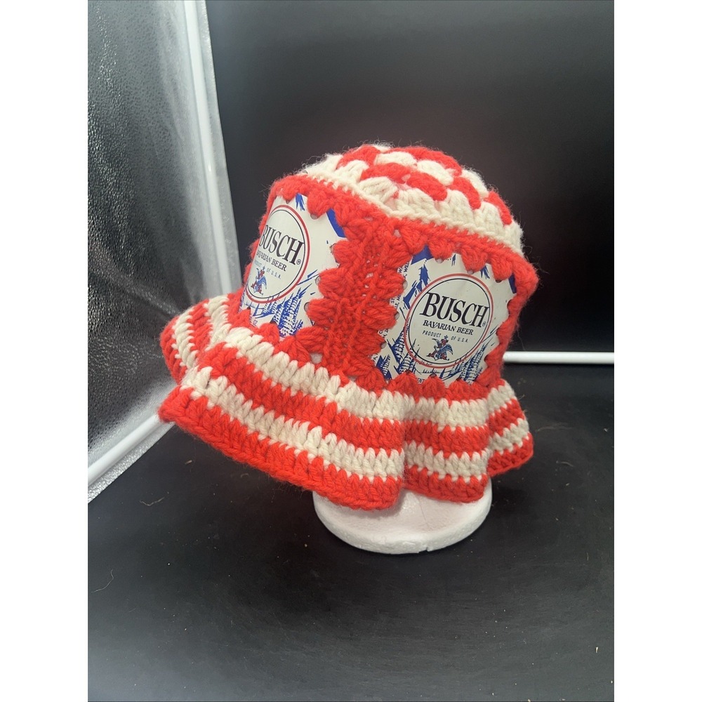 Budweiser Hat Vintage 1970s Crocheted Blue Beer Can Retro Handmade Hat